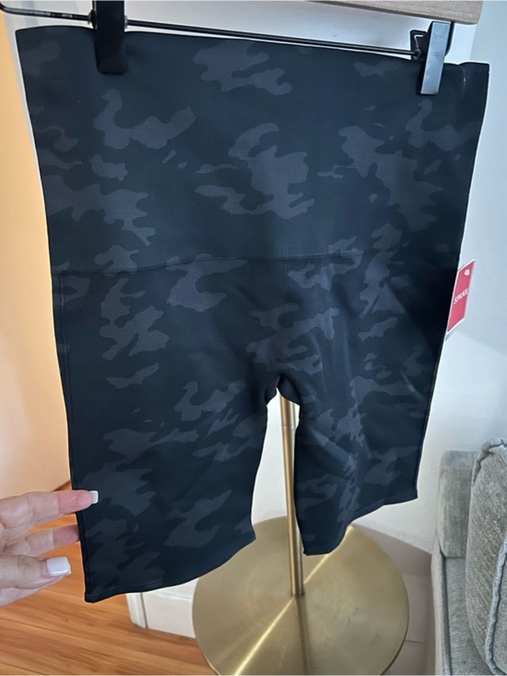 Spanx Women’s  High Waisted Bike Shorts 8” Black Camo Size XL